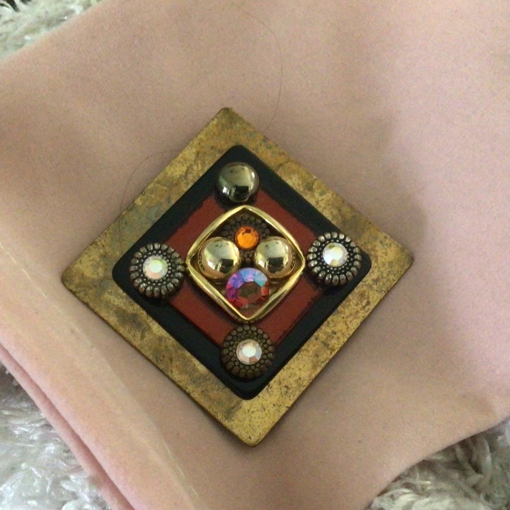 Eclectic brooch of brass, crystals & more, 2”sq.